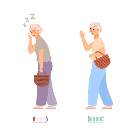 Old woman tired and energetic  Illustration