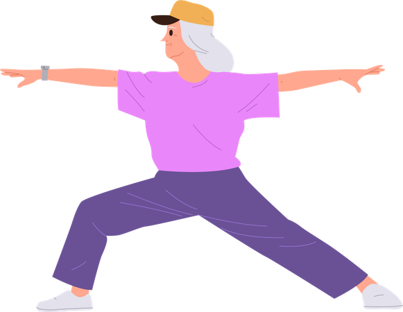 Old woman training strength and mobility of body on retirement  Illustration