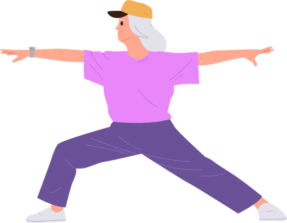 Old woman training strength and mobility of body on retirement  Illustration