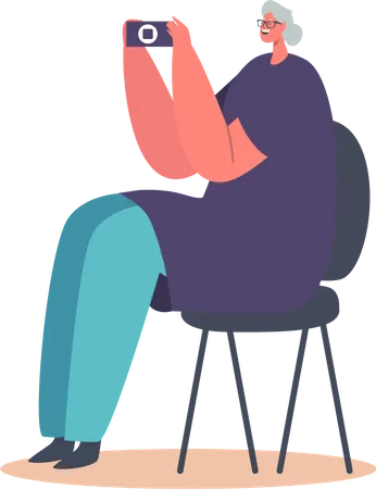 Old Woman Use Mobile Phone Sitting on Chair Illustration