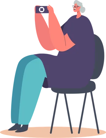 Old Woman Use Mobile Phone Sitting on Chair  Illustration