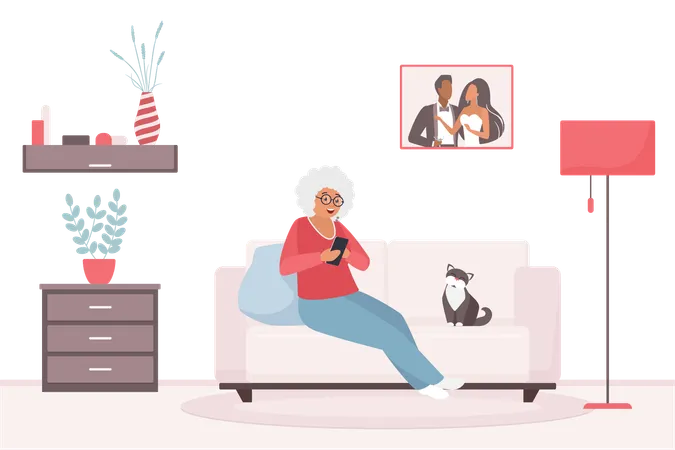 Old Woman Using Mobile Phone Vector Illustration Cartoon Retired Grandmother Sitting On Sofa In Home Living Room With Smartphone To Call Children Grandchildren Happy Grandma Pensioner With Glasses Illustration