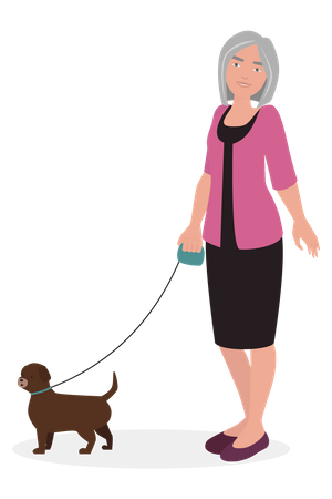 Old woman walking with dog  Illustration