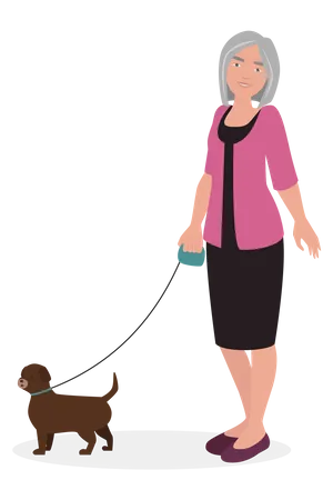 Old woman walking with dog  Illustration
