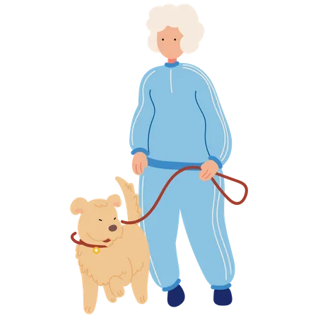 Old Woman Walking With Dog Vector Illustration In Flat Color Design Illustration