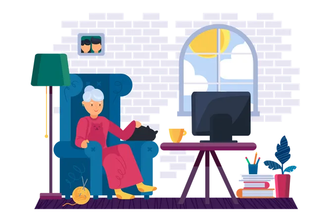 Old woman watching tv Illustration