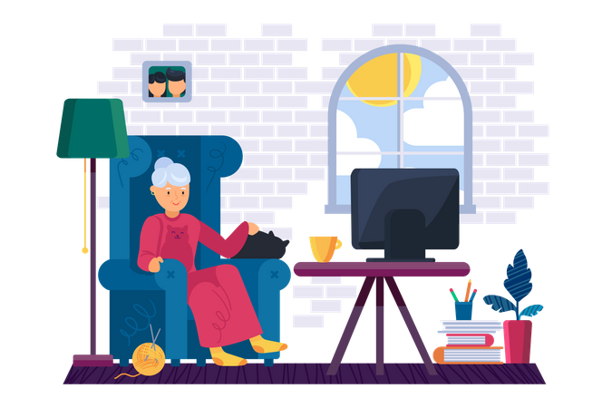 Old woman watching tv  Illustration