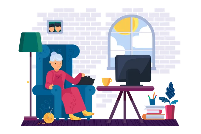 Old woman watching tv  Illustration