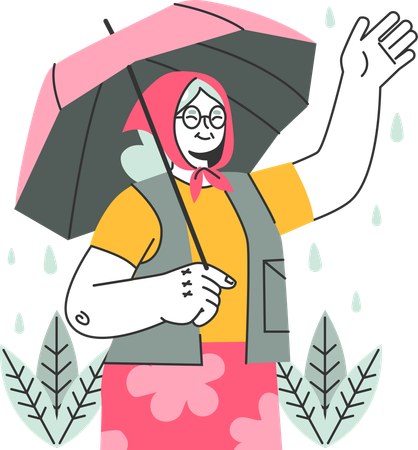 Old woman waving hand while enjoying rain  イラスト