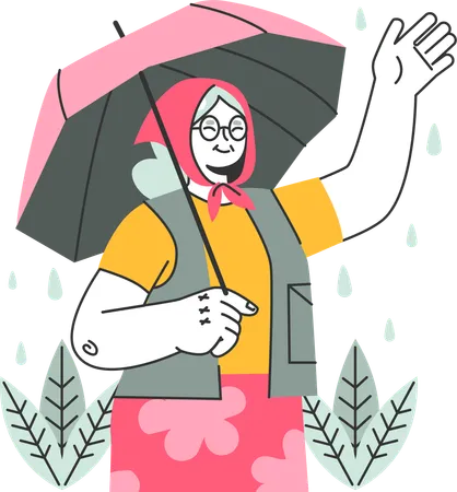 Old woman waving hand while enjoying rain  Illustration