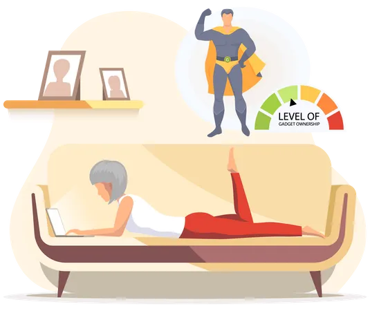 Old woman with computer lying on couch  Illustration