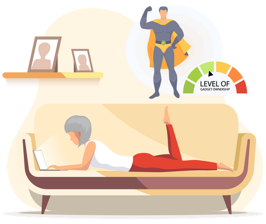 Old woman with computer lying on couch  Illustration