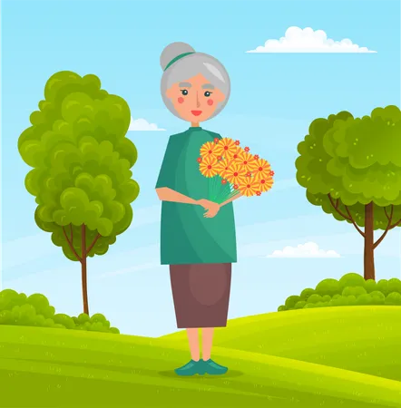 Gray Haired Old Woman With Orange Flowers In Her Hands Stands On Backdrop Of The Countryside Greenery Summer Time Walks In The Open Air Flat Vector Image For Website Banner Application Illustration