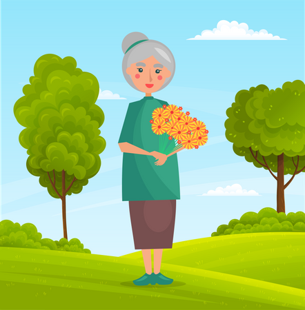 Old woman with flowers in hands  Illustration