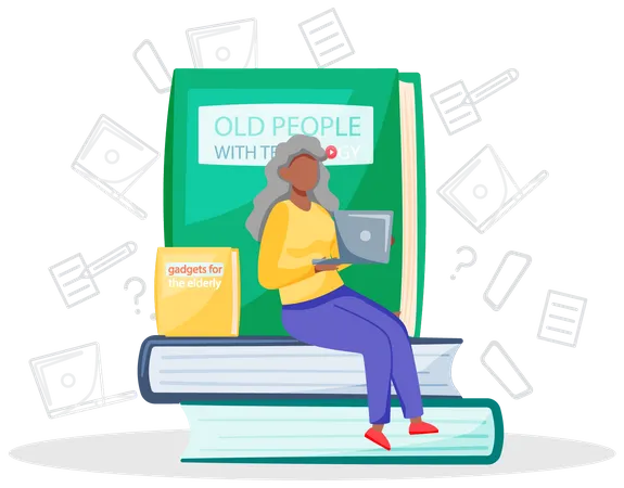 Old People With Technology Woman With Laptop Learn To Work With Computer Browsing Internet Grandparents Use Modern Gadgets Concept Of Remote Work From Home Distance Courses For Retired Person Illustration