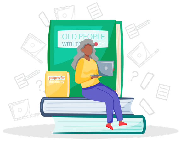 Old woman with laptop learn to work with computer  Illustration