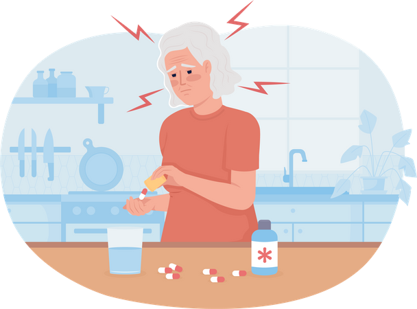 Old woman with migraine taking medication Illustration