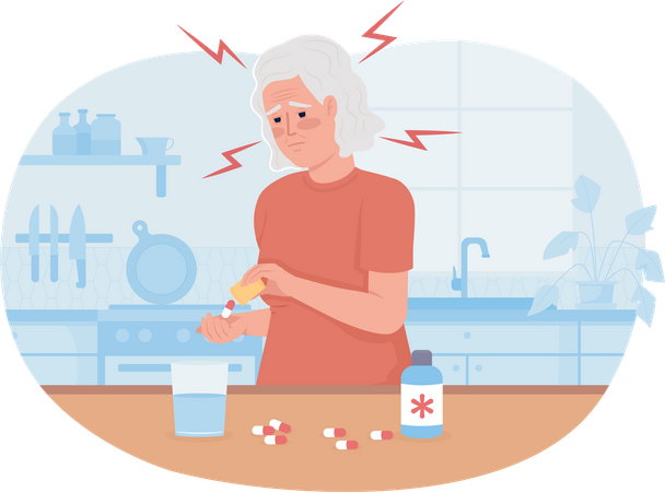 Old woman with migraine taking medication  Illustration