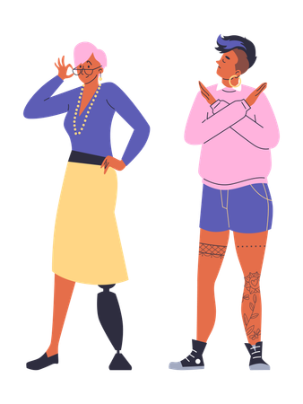 Old Woman with prosthetic leg shows okay while young Woman crossed arms and showing stop gesture  Illustration