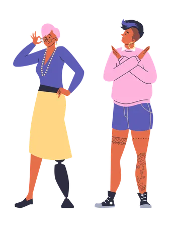 Old Woman with prosthetic leg shows okay while young Woman crossed arms and showing stop gesture  Illustration
