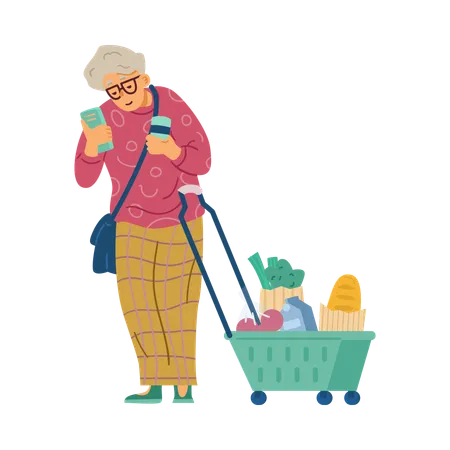 Old woman with shopping basket  Illustration