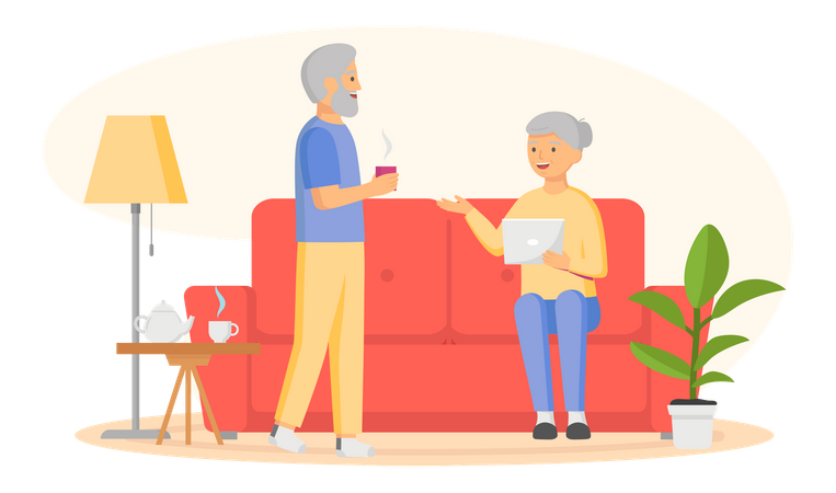 Old woman with tablet sitting on sofa and aged man holding coffee  Illustration