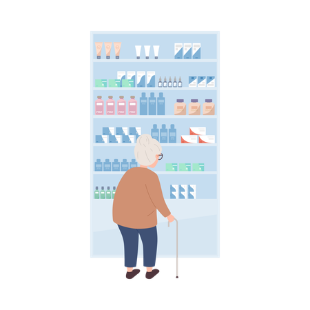 Old woman with walking cane looking at drugstore counter  Illustration