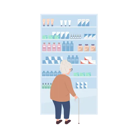 Old woman with walking cane looking at drugstore counter  Illustration