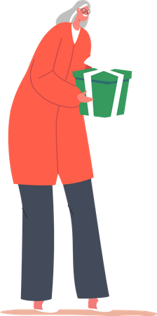 Old Woman with Wrapped Gift Box  Illustration