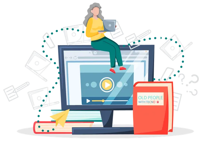 Old woman working on computer at home Illustration
