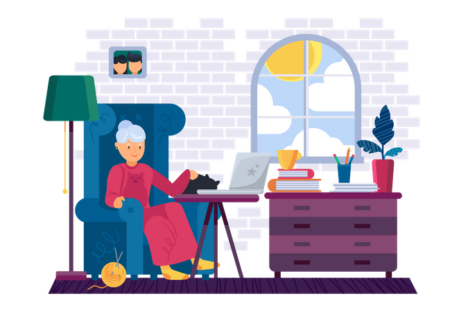 Old woman working on laptop Illustration