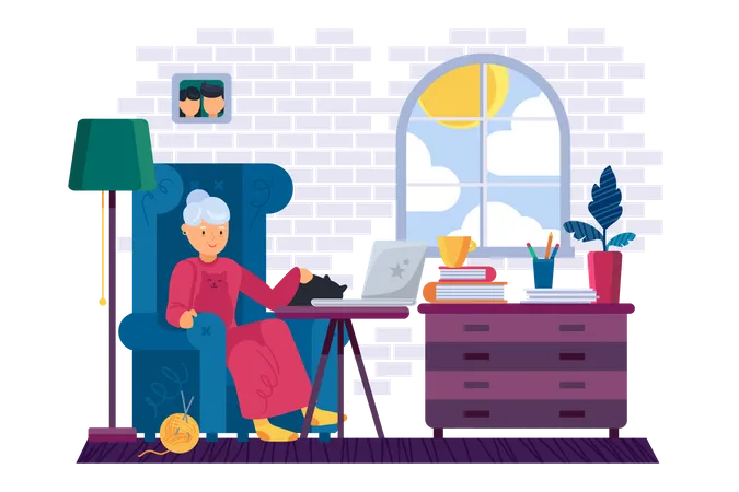 Old woman working on laptop Illustration