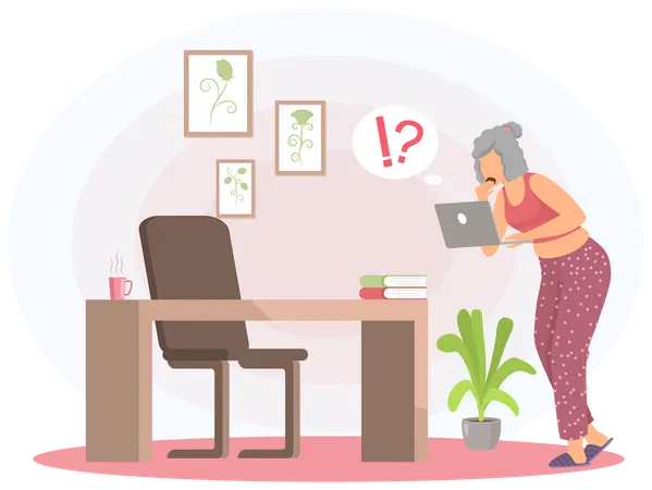 Elderly Woman Working On Laptop With Exclamation Point Question Mark Old Female Character Eating And Looking At Computer Monitor Senior Lady Dealing With Technology Working With Gadgets Illustration