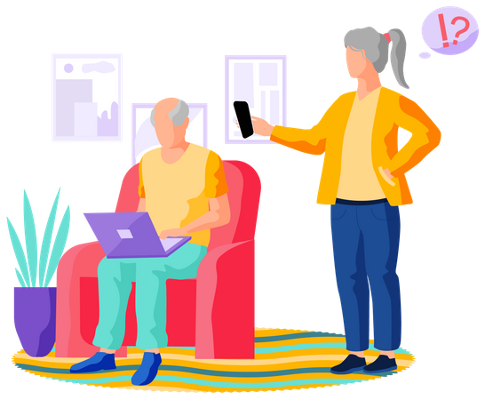 Old woman working on laptop and aged man chatting on video call  Illustration