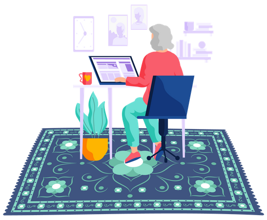 Old woman working on laptop  Illustration