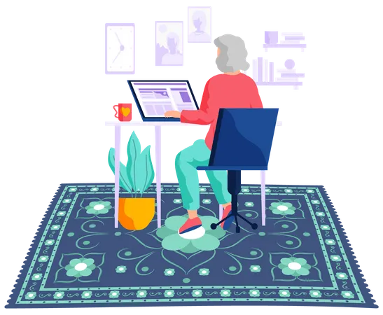 Old woman working on laptop  Illustration