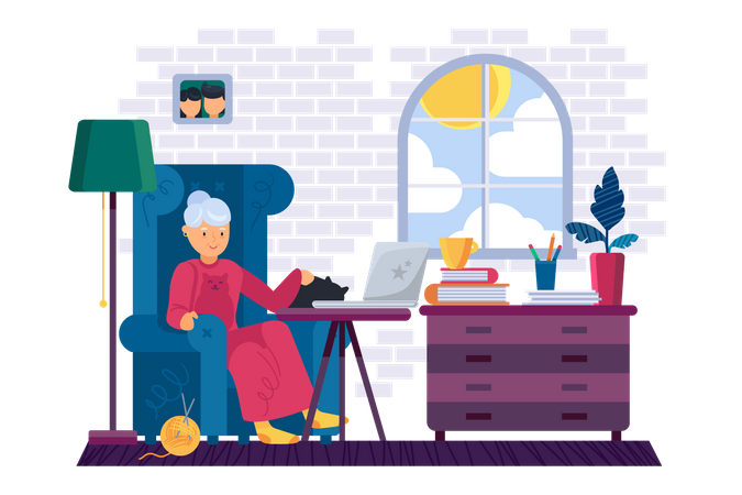 Old woman working on laptop  Illustration