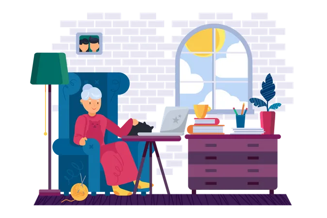 Old woman working on laptop  Illustration