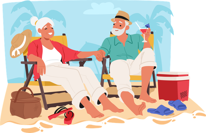 Older Couple Enjoys Relaxing Day On Sandy Beach  Illustration