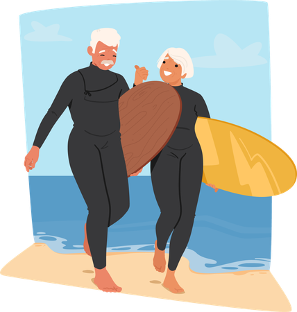 Older Couple In Wetsuits Enjoys on Beach While Holding Surfboards  Illustration