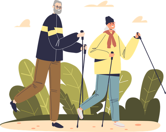 Older couple of walkers trekking  Illustration