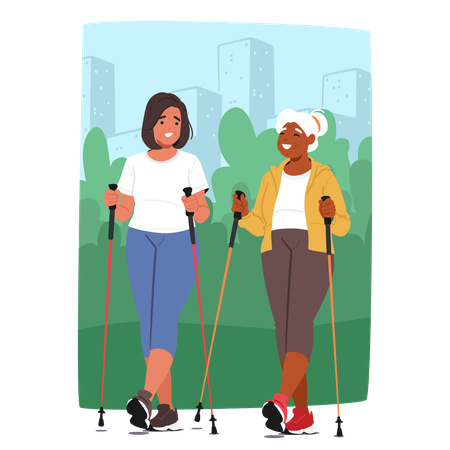 Older Female Characters Participating In Nordic Walking In Park Setting  Illustration