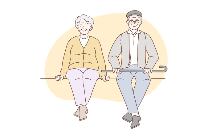 Older happy man and woman enjoy sitting in park  Illustration