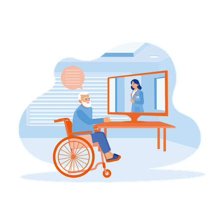 Older Man In  Wheelchair Making Video Call On Laptop  イラスト