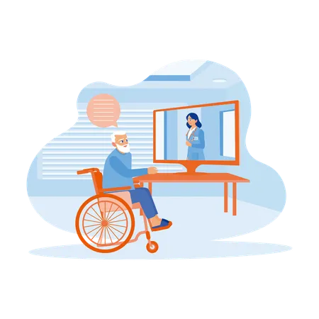 Older Man In  Wheelchair Making Video Call On Laptop  Illustration