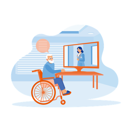 Older Man In  Wheelchair Making Video Call On Laptop  Illustration