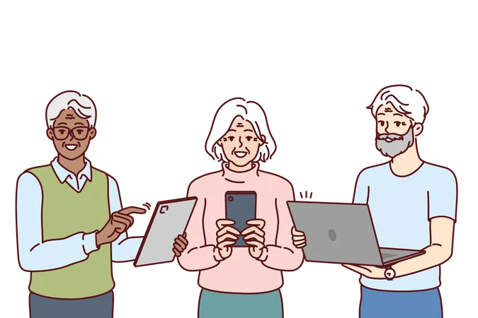 Older People Use Gadgets And Learn Digital Literacy And Internet Surfing Through Phone Or Laptop Smiling Pensioners Stand With Gadgets In Hands Urging Peers To Use Online Services Illustration