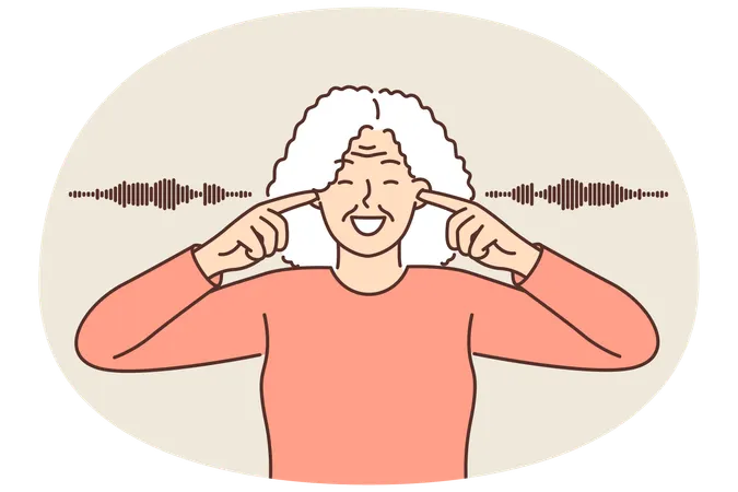 Older woman covers ears and smiles ignoring surrounding noise or refusing to listen to spoilers  Illustration
