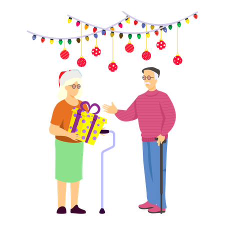 Older woman presenting gift to her cherished husband  Illustration