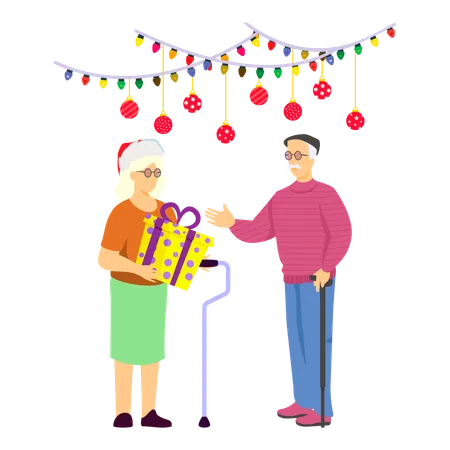 Older woman presenting gift to her cherished husband  Illustration